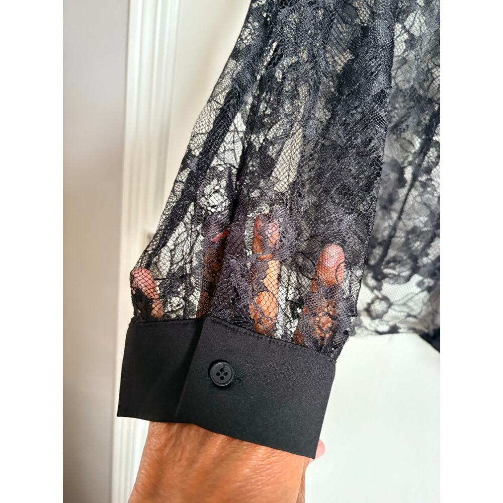 Black Lace Button Shirt Collared Long Sleeves Sheer XL Dark Romantic Whimsigoth - Picture 3 of 6